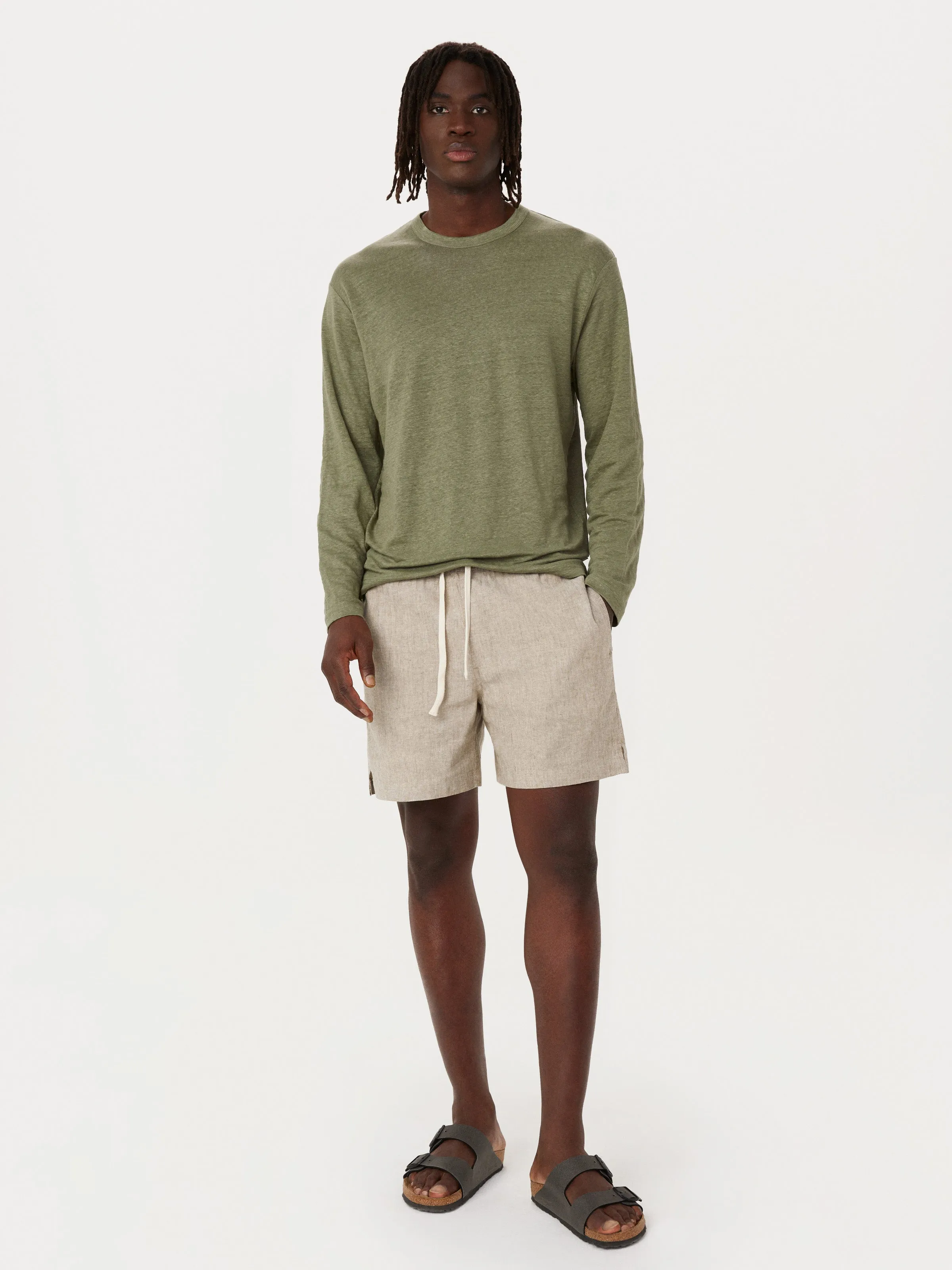 The Long Sleeve Linen T-Shirt in Olive Green