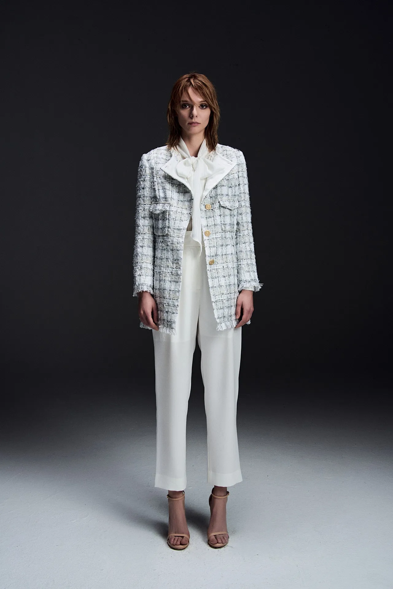 Thigh-Length White Plaid Coat