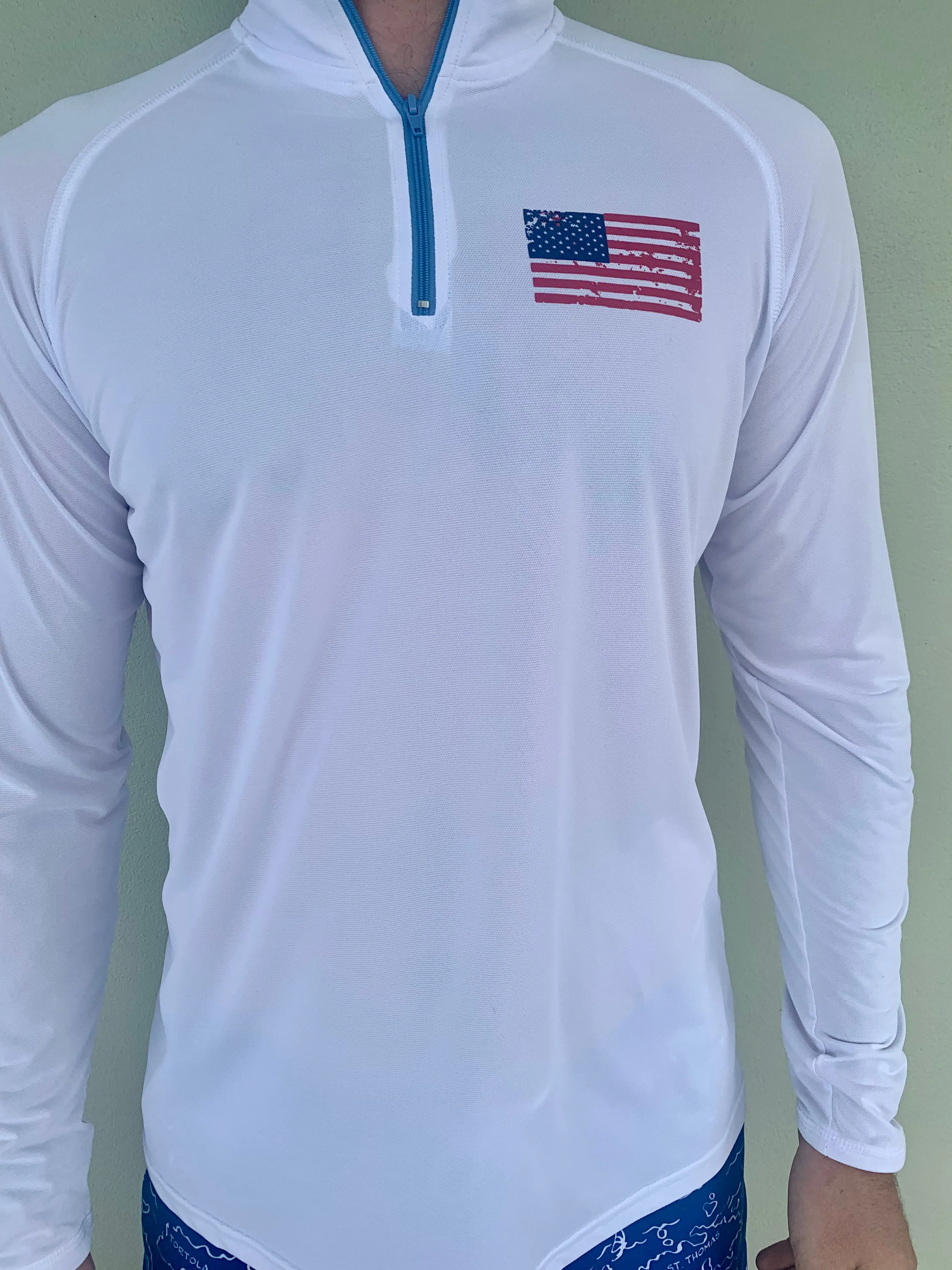 USA Flag UPF50 Zip Tech Shirt - White