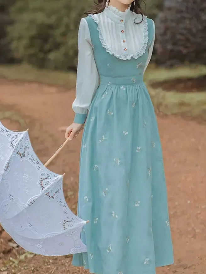 Victorian Style High Neck Blue Floral Dress