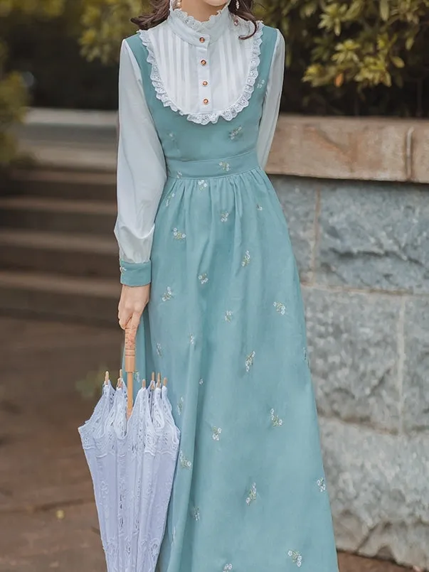 Victorian Style High Neck Blue Floral Dress