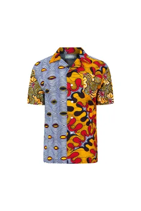 Zika Loose fit Bowling Collar Unisex Shirt - Mix Match Awoluba/Rolls Royce Red Yellow and Black African Ankara Wax Cotton Print