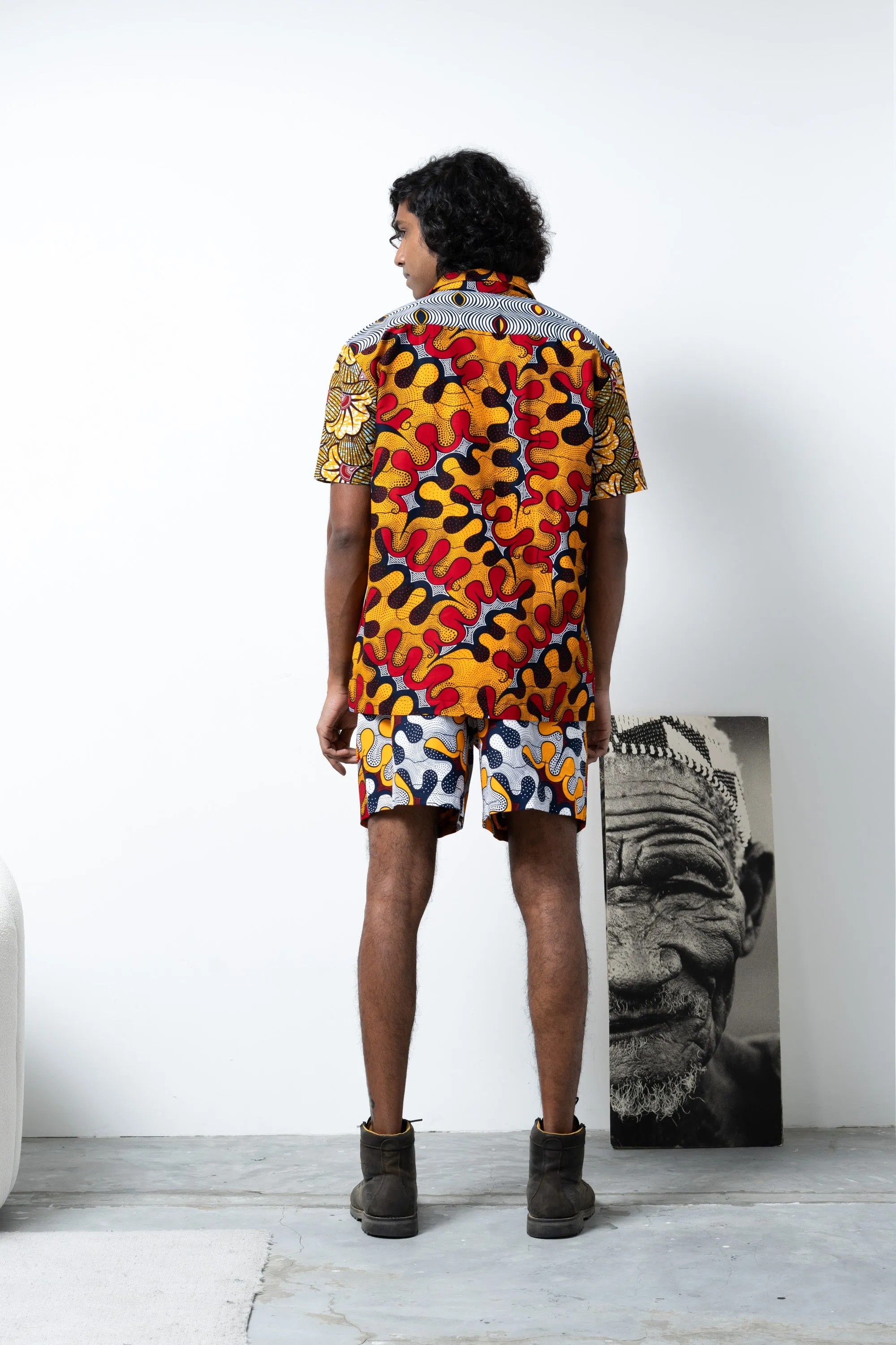 Zika Loose fit Bowling Collar Unisex Shirt - Mix Match Awoluba/Rolls Royce Red Yellow and Black African Ankara Wax Cotton Print