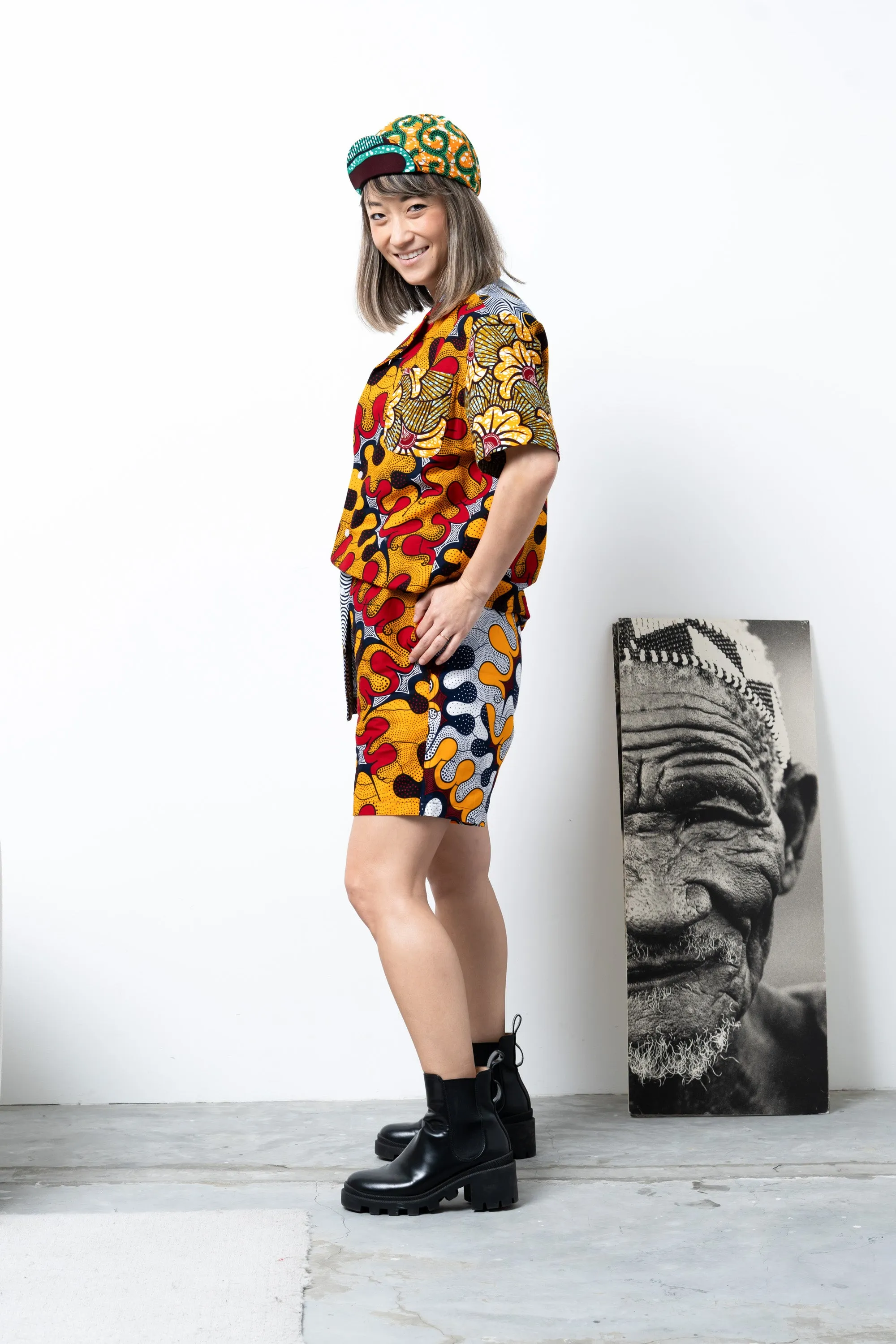 Zika Loose fit Bowling Collar Unisex Shirt - Mix Match Awoluba/Rolls Royce Red Yellow and Black African Ankara Wax Cotton Print