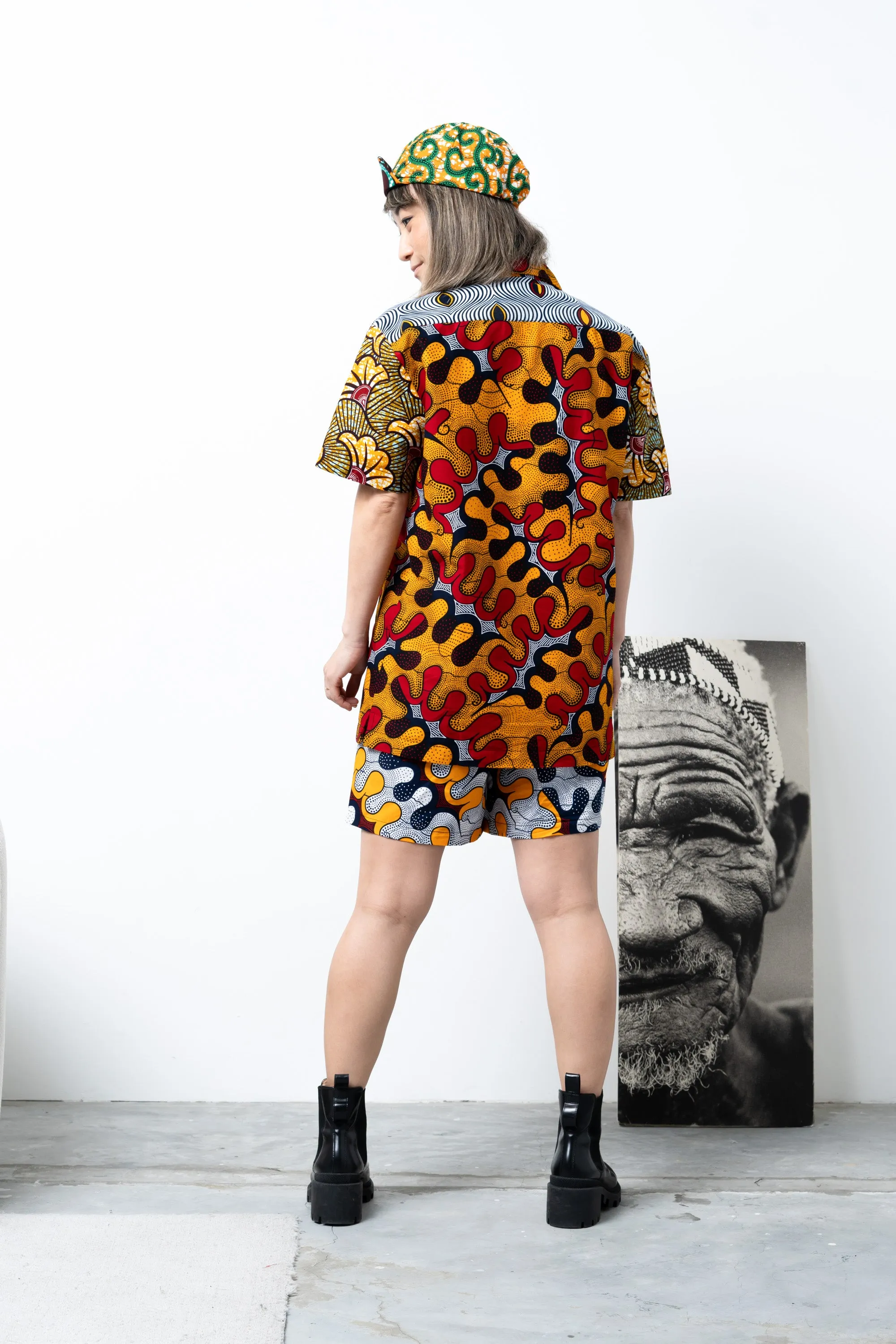 Zika Loose fit Bowling Collar Unisex Shirt - Mix Match Awoluba/Rolls Royce Red Yellow and Black African Ankara Wax Cotton Print