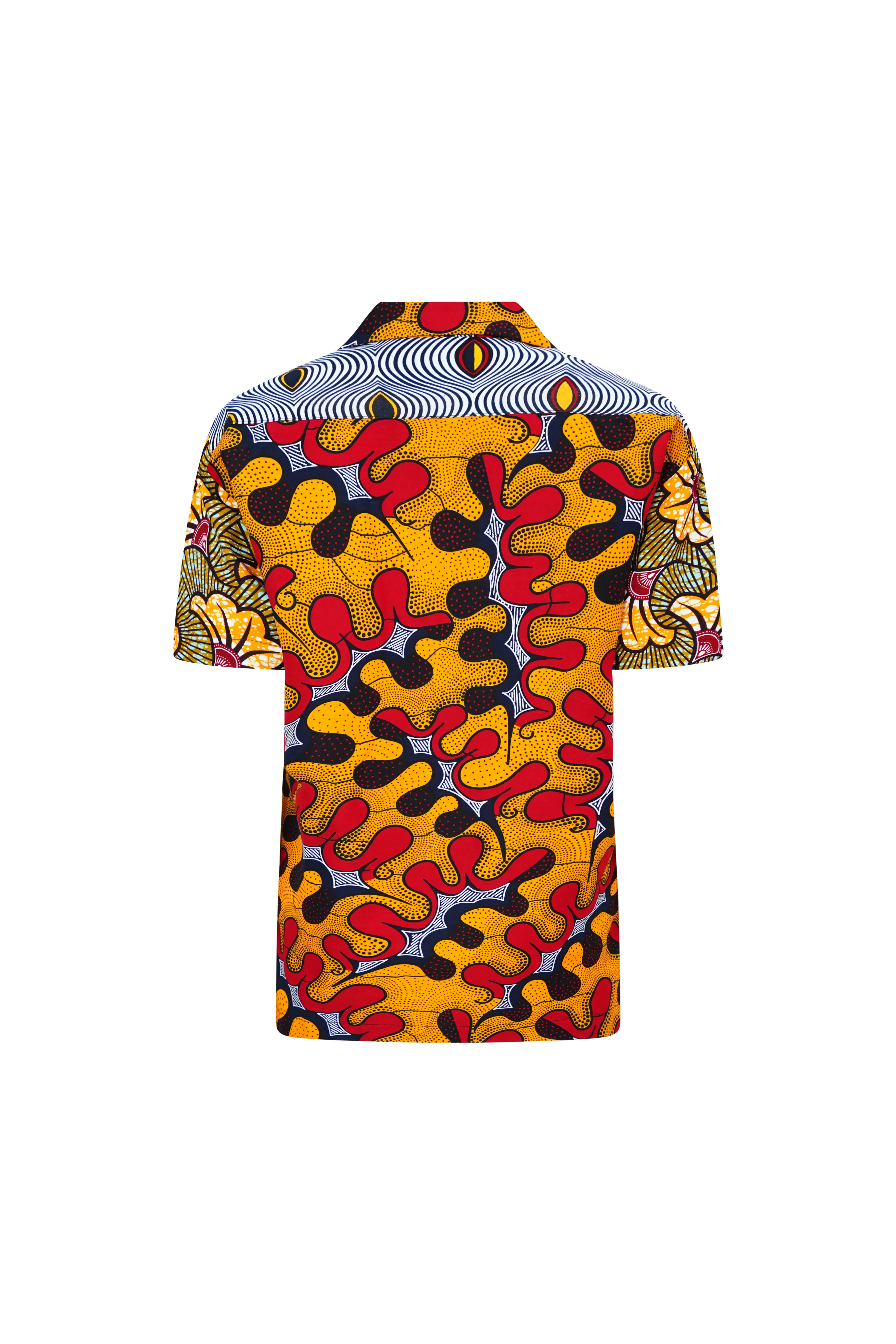 Zika Loose fit Bowling Collar Unisex Shirt - Mix Match Awoluba/Rolls Royce Red Yellow and Black African Ankara Wax Cotton Print